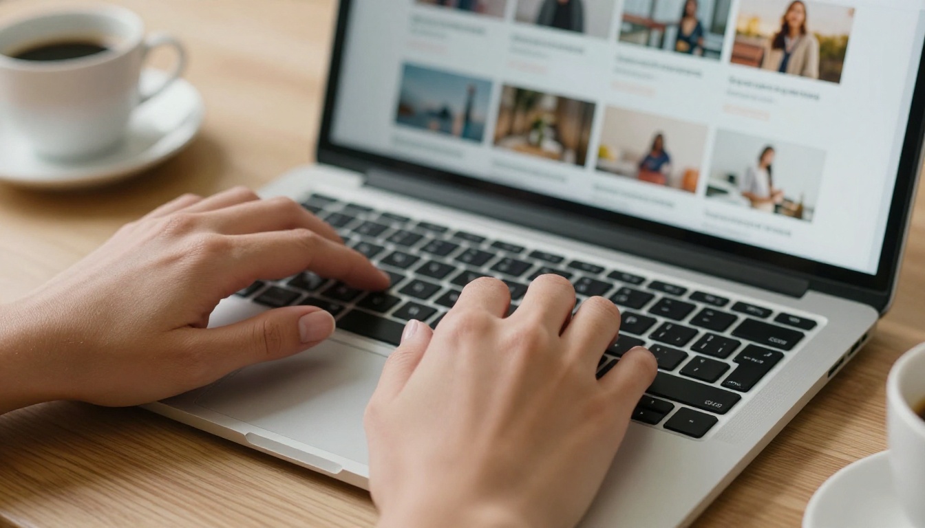 Close-up of hands scrolling through a digital catalog on a laptop