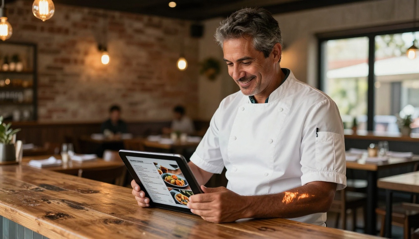 Restaurant owner reviewing digital menu on tablet
