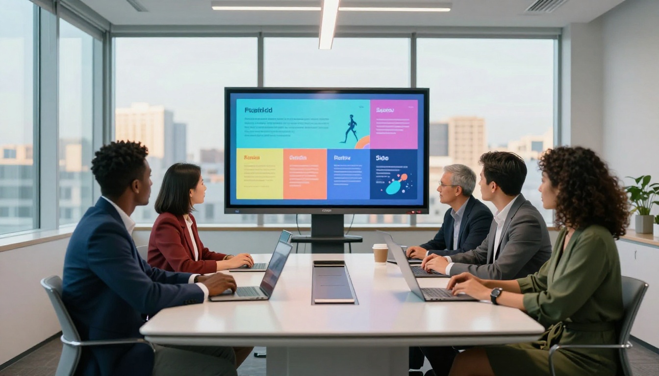 Team meeting with digital presentation on conference room screen
