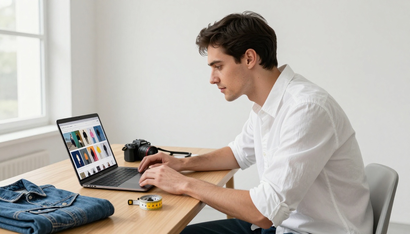 E-commerce entrepreneur reviewing product catalog on laptop