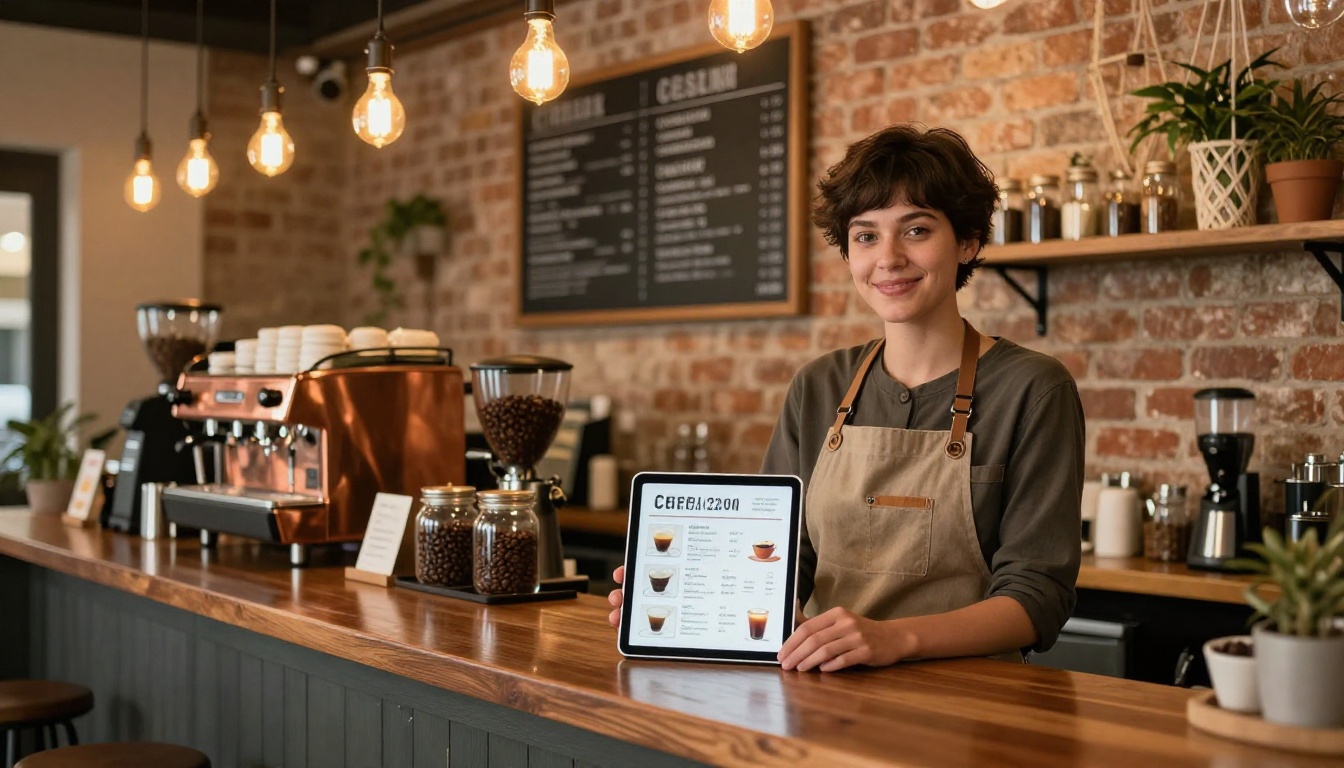 Coffee shop barista showing digital menu on iPad