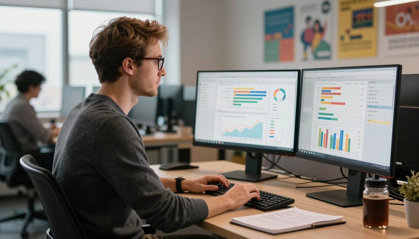 Marketing professional reviewing reader activity statistics on dual monitors