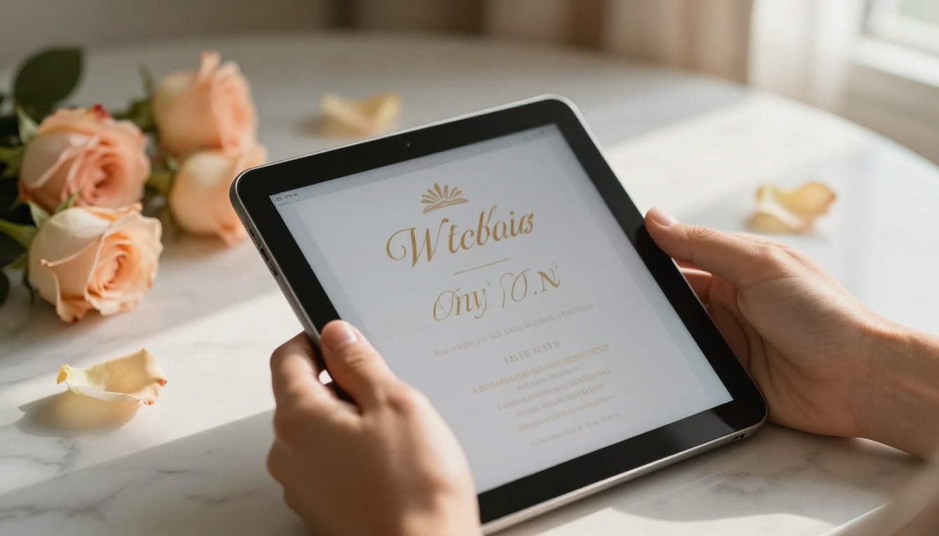 Close-up of hands holding tablet with open wedding flipbook invitation showing gold and ivory page-turn animation Close-up of hands holding tablet with open wedding flipbook invitation showing gold and ivory page-turn animation