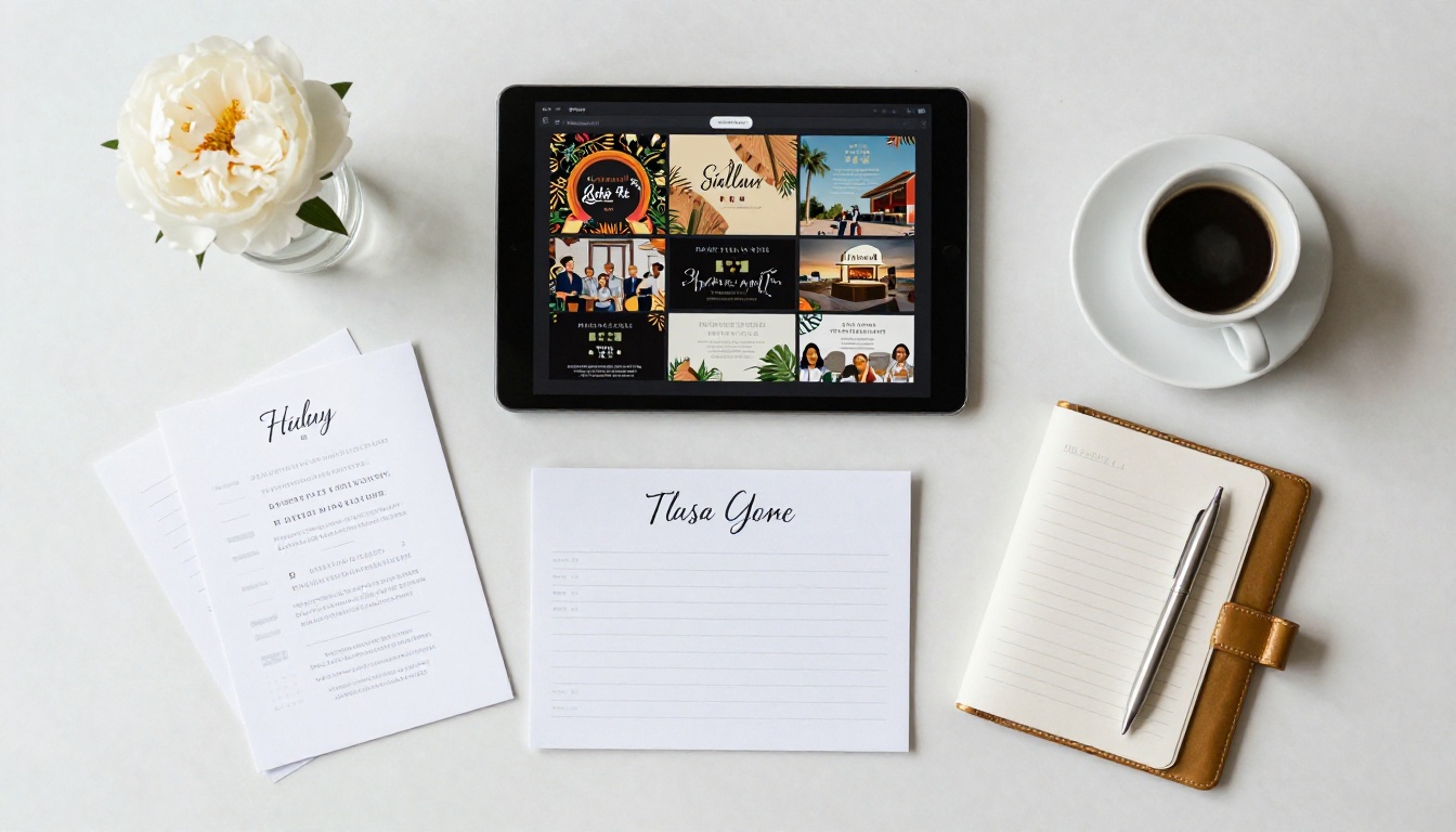 Aerial view of elegant event planning workspace with flipbook invitation on tablet, printed samples, and floral arrangement Aerial view of elegant event planning workspace with flipbook invitation on tablet, printed samples, and floral arrangement