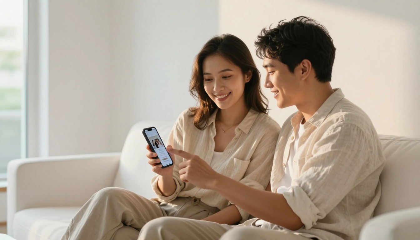 Couple seated on bright couch looking at wedding flipbook invitation on smartphone, smiling together Couple seated on bright couch looking at wedding flipbook invitation on smartphone, smiling together
