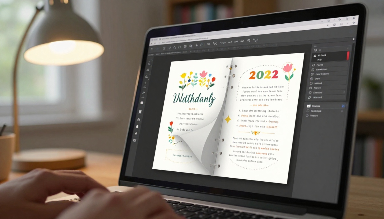Laptop screen showing wedding invitation flipbook design interface with page-curl animation visible Laptop screen showing wedding invitation flipbook design interface with page-curl animation visible