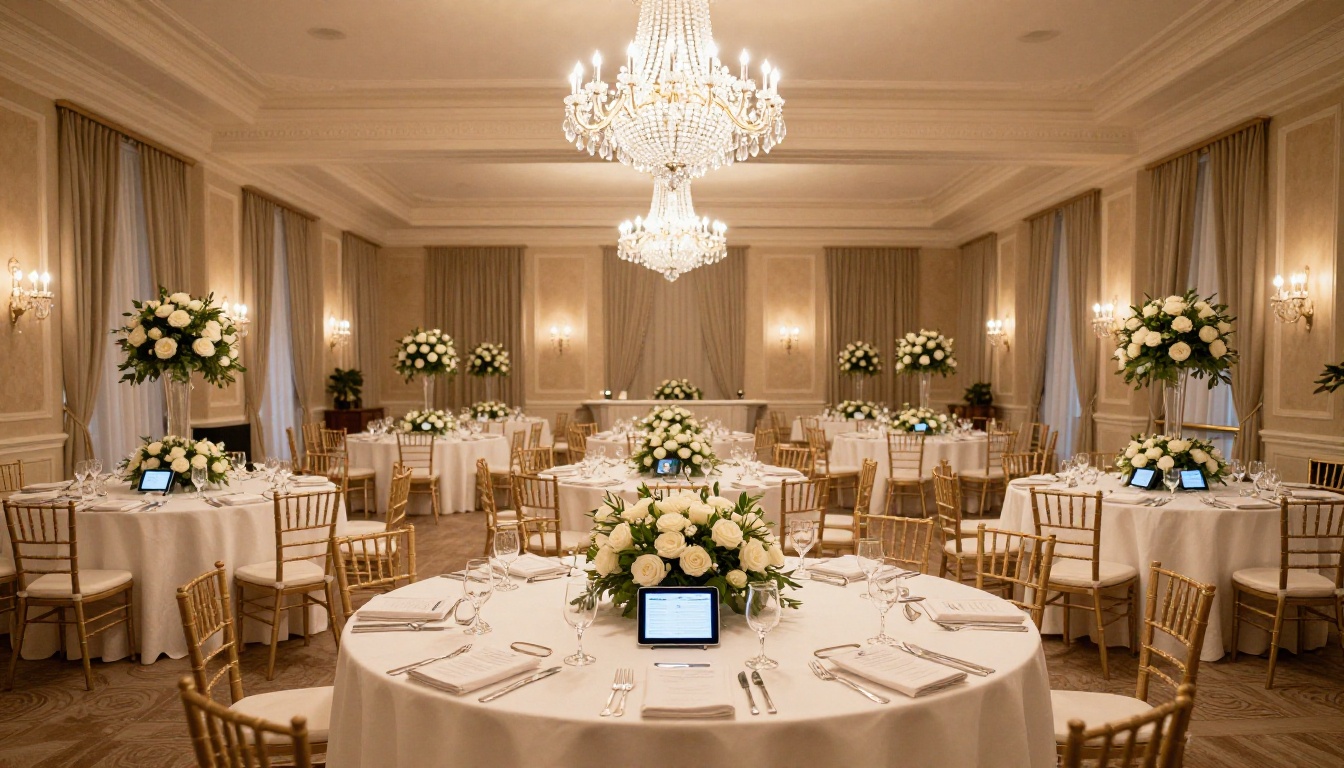 Wide interior shot of elegant hotel ballroom set for formal event with crystal chandelier and white linen tables Wide interior shot of elegant hotel ballroom set for formal event with crystal chandelier and white linen tables