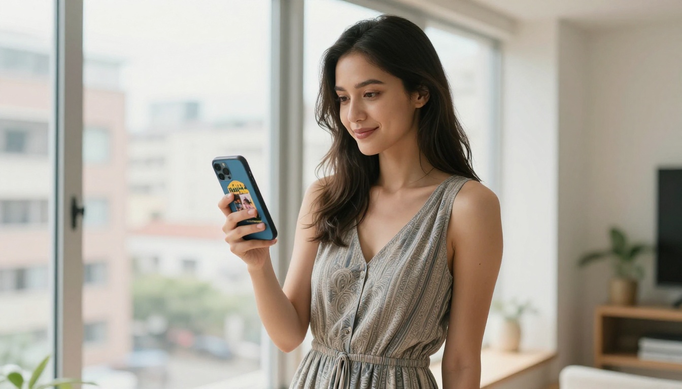 Young woman in navy dress smiling while viewing birthday party flipbook invitation on smartphone near sunlit window Young woman in navy dress smiling while viewing birthday party flipbook invitation on smartphone near sunlit window