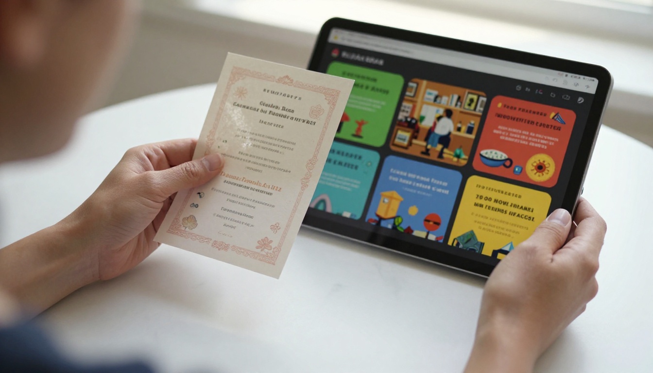 Close-up comparison of traditional printed invitation held alongside digital flipbook invitation on tablet Close-up comparison of traditional printed invitation held alongside digital flipbook invitation on tablet