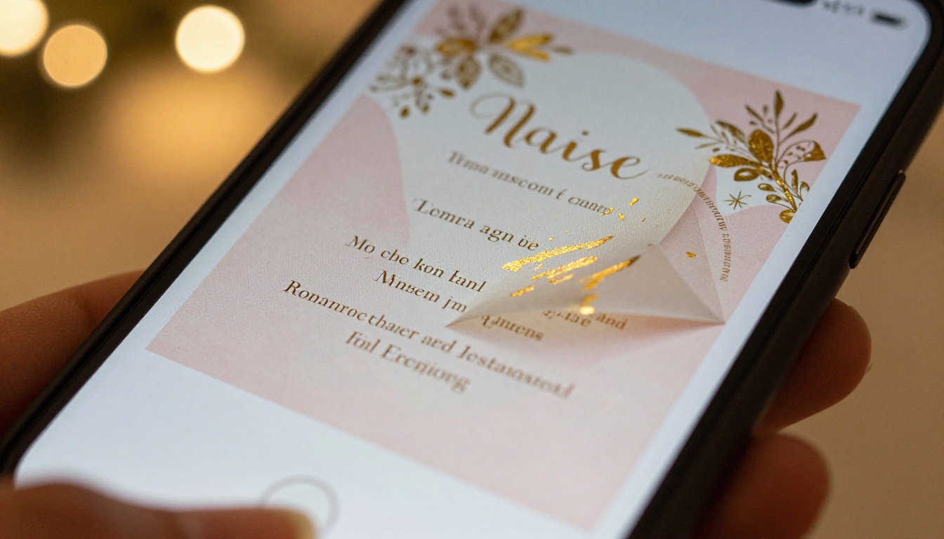 Smartphone held in hand showing gold and blush pink flipbook invitation with page-curl effect, warm party bokeh lights in background Smartphone held in hand showing gold and blush pink flipbook invitation with page-curl effect, warm party bokeh lights in background