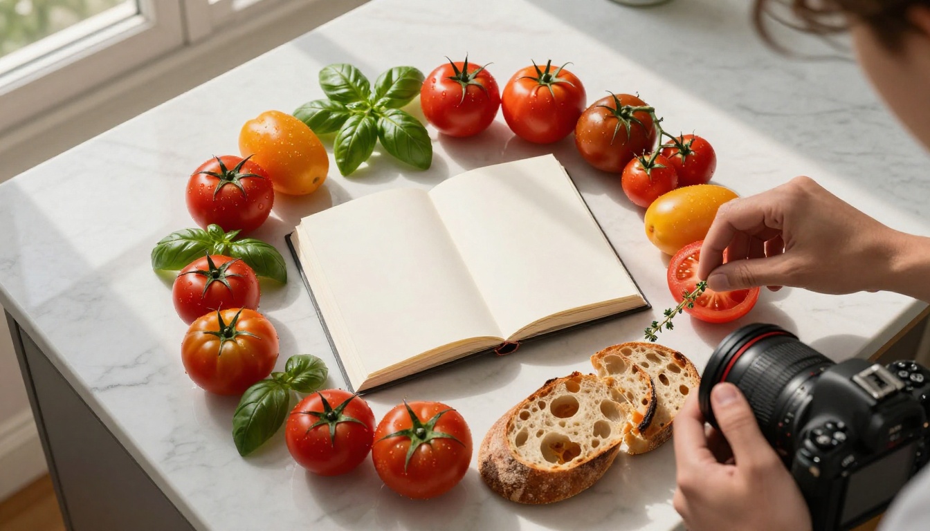Professional food photographer shooting an overhead flat lay of fresh ingredients and recipe book on a marble countertop with warm natural light Professional food photographer shooting an overhead flat lay of fresh ingredients and recipe book on a marble countertop with warm natural light