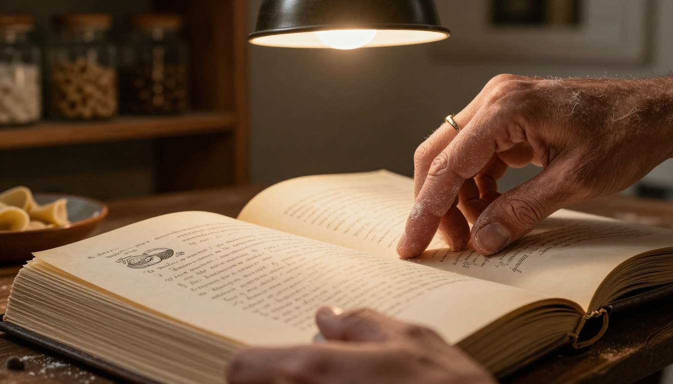 Close-up of flour-dusted hands mid-turn on a thick handmade cookbook page revealing a handwritten pasta recipe with warm pendant lamp light Close-up of flour-dusted hands mid-turn on a thick handmade cookbook page revealing a handwritten pasta recipe with warm pendant lamp light