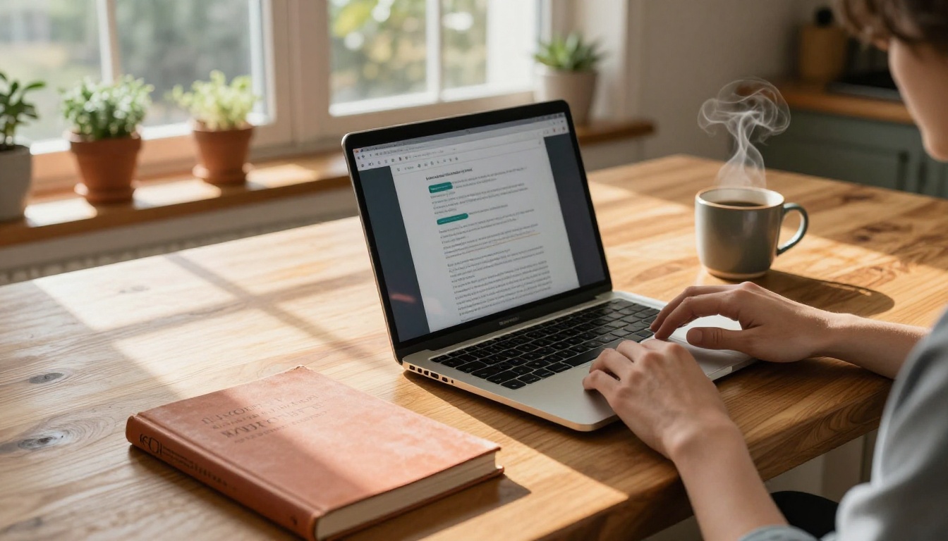 A person at a warm wooden kitchen island uploading a cookbook PDF on a laptop with golden morning light streaming from the bay window A person at a warm wooden kitchen island uploading a cookbook PDF on a laptop with golden morning light streaming from the bay window