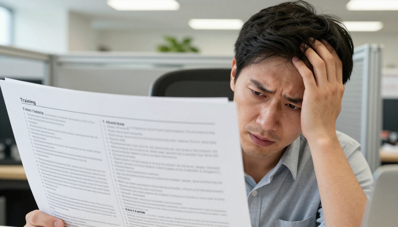 Frustrated office worker staring at a dense training document Frustrated office worker staring at a dense training document