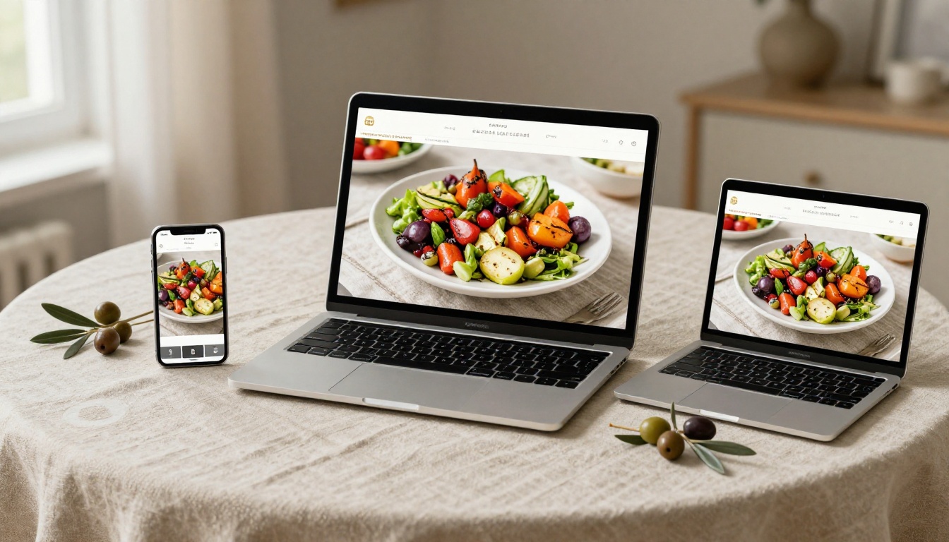 Smartphone, tablet, and laptop on a linen tablecloth all displaying the same recipe flipbook page-turn animation with olive branch decoration Smartphone, tablet, and laptop on a linen tablecloth all displaying the same recipe flipbook page-turn animation with olive branch decoration