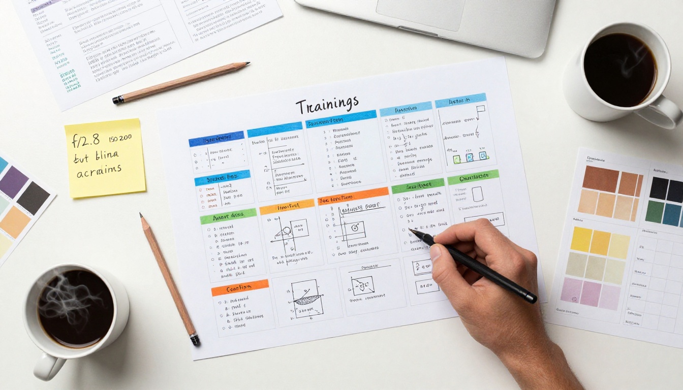Designer laying out a training manual with color-coded sections at a creative desk Designer laying out a training manual with color-coded sections at a creative desk