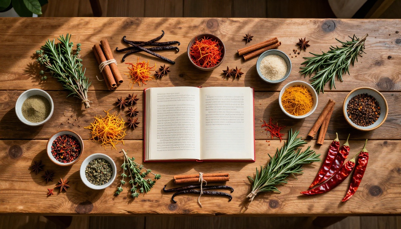 Aerial top-down view of a rustic pine table covered with beautifully arranged fresh culinary ingredients, spices, and an open spiral-bound recipe book Aerial top-down view of a rustic pine table covered with beautifully arranged fresh culinary ingredients, spices, and an open spiral-bound recipe book