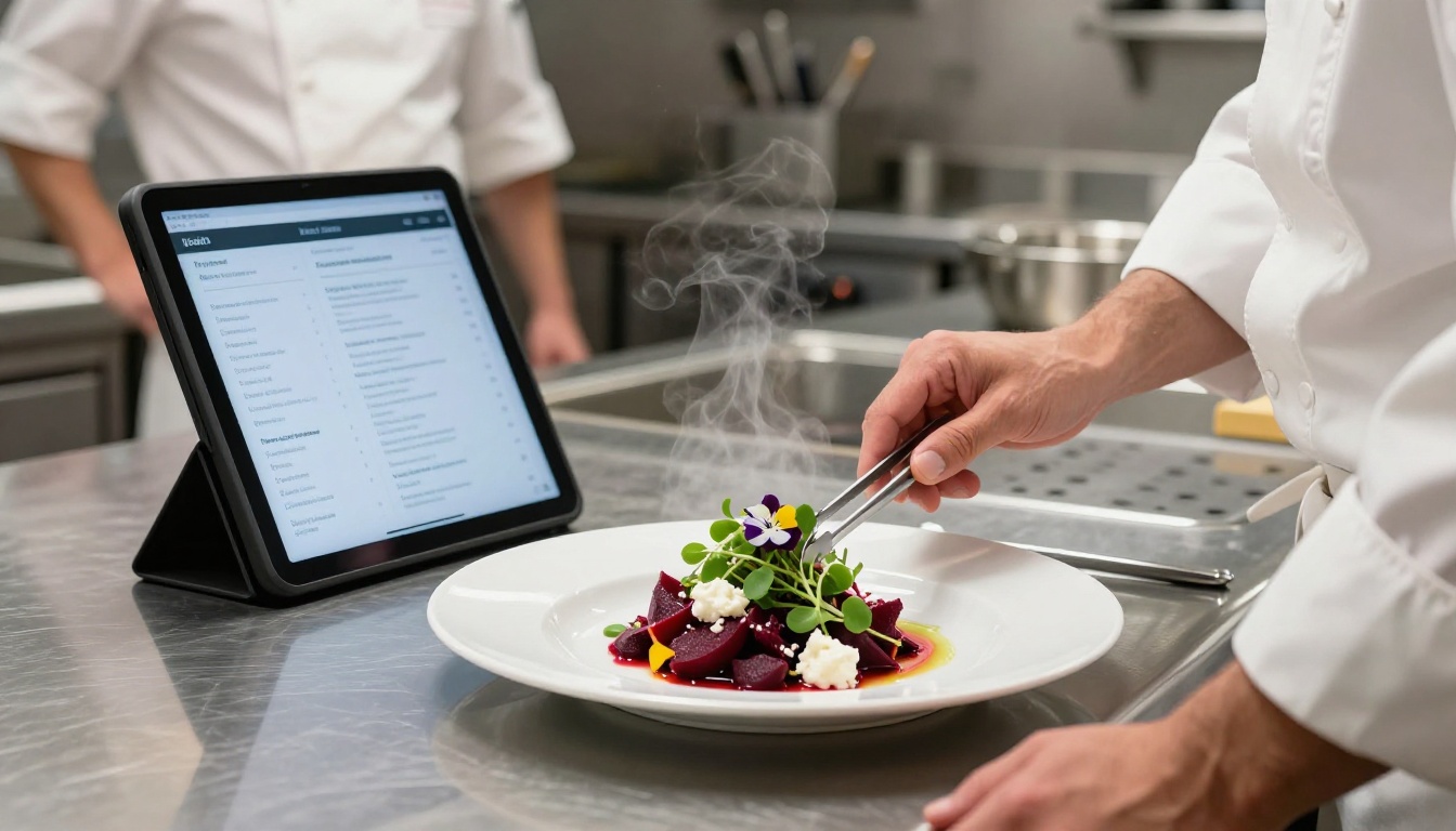 A professional chef using tweezers to plate a vibrant beet and goat cheese salad while referencing a step-by-step recipe on a tablet A professional chef using tweezers to plate a vibrant beet and goat cheese salad while referencing a step-by-step recipe on a tablet
