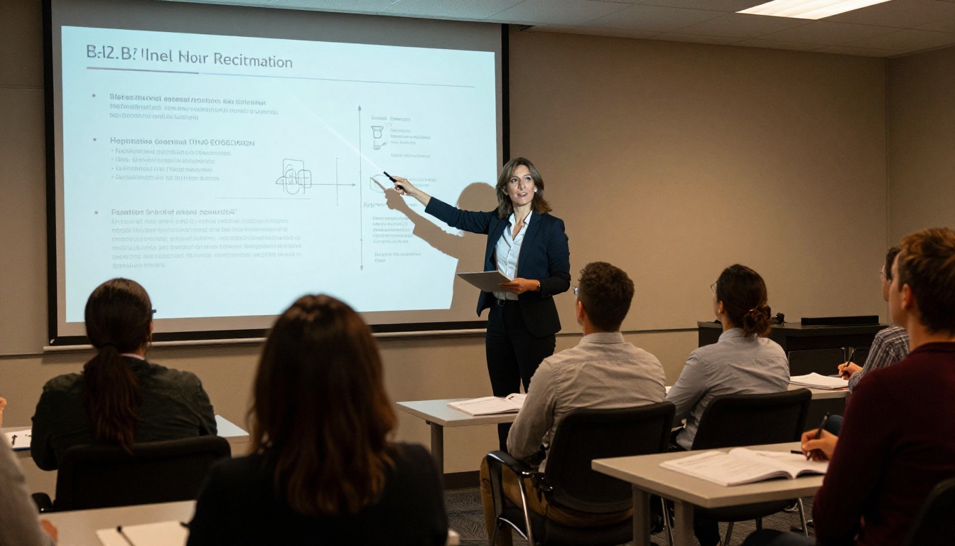 Confident trainer presenting training content to a small group of employees Confident trainer presenting training content to a small group of employees