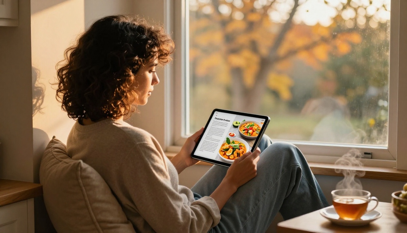 A woman with dark curly hair curled up in a cozy window reading nook with a tablet showing a Thai curry recipe flipbook, golden autumn light as rim lighting A woman with dark curly hair curled up in a cozy window reading nook with a tablet showing a Thai curry recipe flipbook, golden autumn light as rim lighting