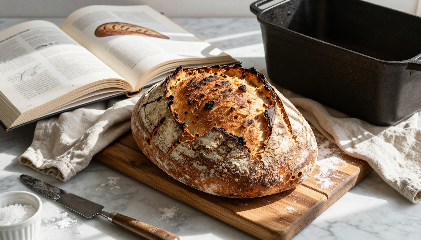 Close-up of artisan sourdough loaves with crackling crust on a wooden cooling rack beside an open cookbook showing fermentation notes and scoring illustrations Close-up of artisan sourdough loaves with crackling crust on a wooden cooling rack beside an open cookbook showing fermentation notes and scoring illustrations