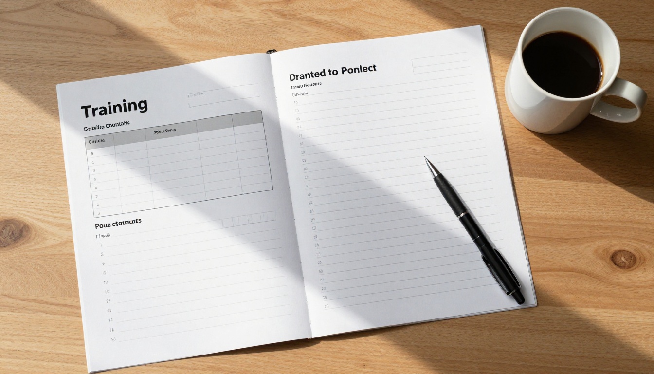 Overhead view of a tidy office desk with a training manual template laid out with section dividers Overhead view of a tidy office desk with a training manual template laid out with section dividers