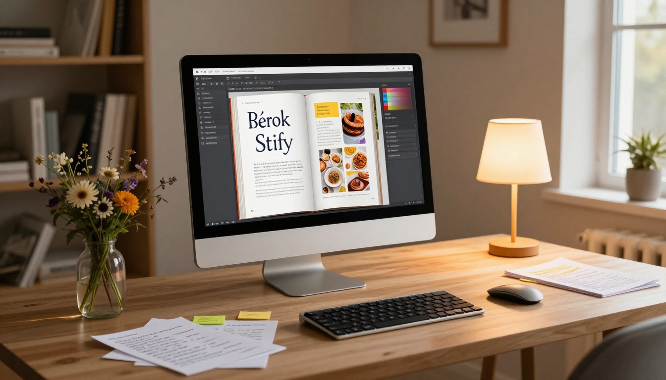 A beautifully curated home office desk with an iMac displaying a digital cookbook customization interface surrounded by recipe cards and a fresh wildflower bouquet A beautifully curated home office desk with an iMac displaying a digital cookbook customization interface surrounded by recipe cards and a fresh wildflower bouquet
