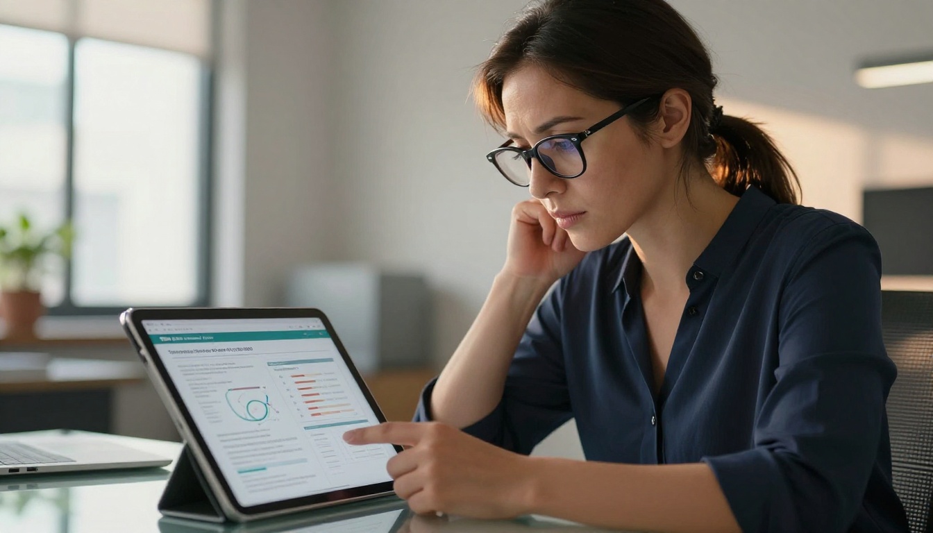 HR manager reviewing training content on a tablet at a glass desk HR manager reviewing training content on a tablet at a glass desk
