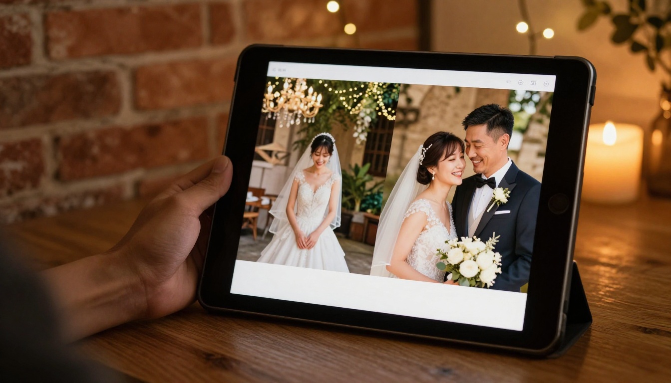 Wedding photographer in his 40s showing newlywed couple their photos on an iPad flipbook in a warm cafe setting