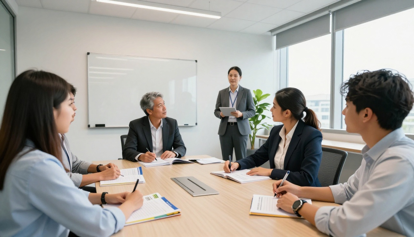 Wide shot of a corporate onboarding session with diverse employees following along with training manuals Wide shot of a corporate onboarding session with diverse employees following along with training manuals