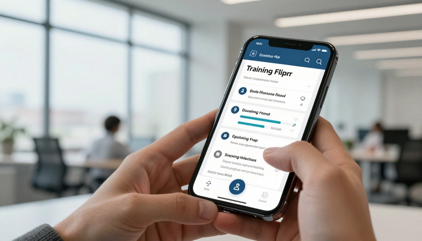 Close-up of hands holding a smartphone displaying a mobile-responsive digital training flipbook Close-up of hands holding a smartphone displaying a mobile-responsive digital training flipbook