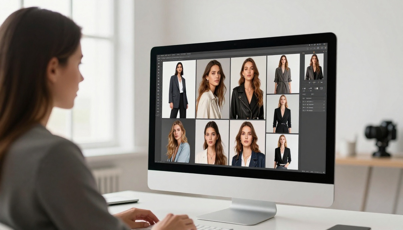 Portrait photographer presenting her flipbook portfolio to a fashion magazine client on a bright studio desktop monitor