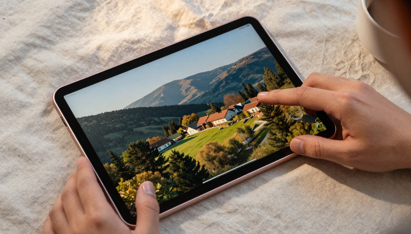 Close-up aerial view of two hands swiping through a photography flipbook on a rose-gold iPad placed on textured linen