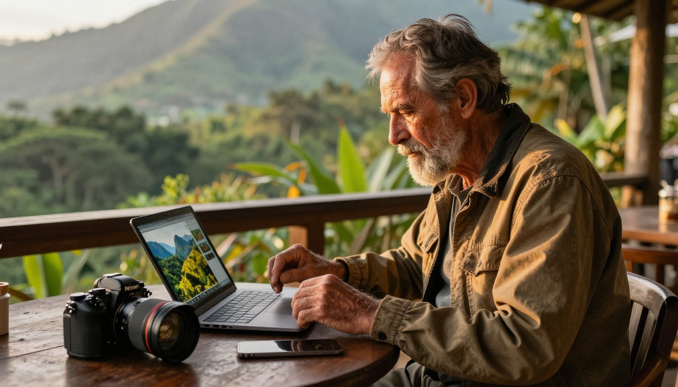 Travel photographer with weathered skin and grey beard reviewing his adventure photography flipbook on a laptop at an outdoor cafe with jungle backdrop