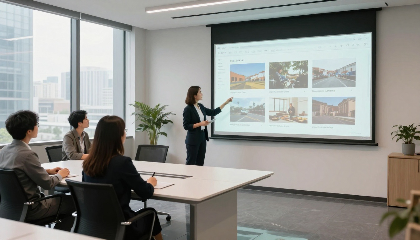 Commercial photographer presenting her photography portfolio via flipbook projected on a screen in a modern agency boardroom