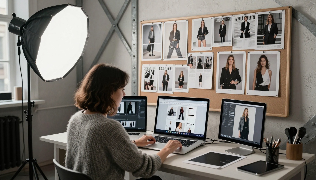 Fashion photographer in a Parisian-style studio uploading photographs to create a digital flipbook portfolio on her iMac with magazine tearsheets behind her