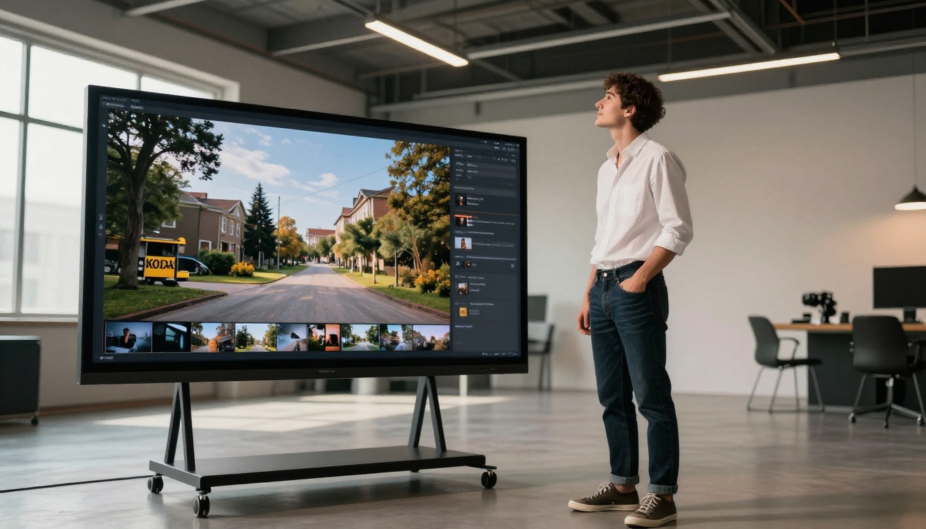 Young photographer standing confidently with his digital flipbook portfolio displayed on a large touchscreen monitor in an industrial studio with skylights