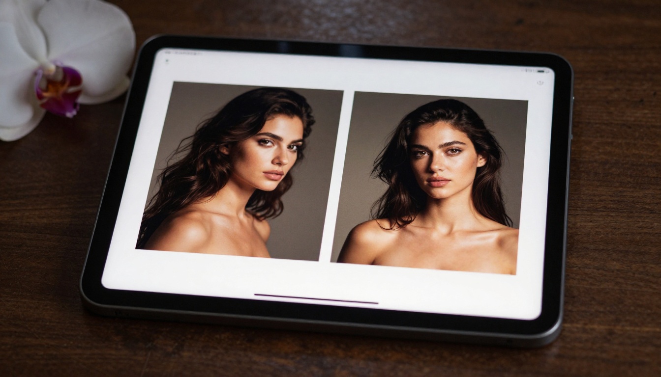 Intimate close-up of a photography portfolio flipbook page spread on a tablet showing stunning portrait photographs side by side on a dark walnut desk