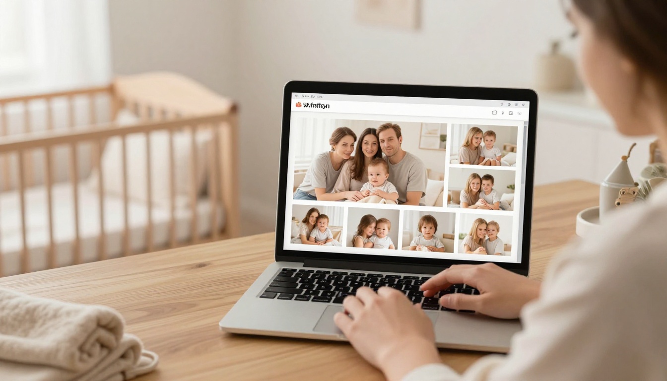 Newborn and family photographer in a soft pastel studio reviewing a family portrait session through a digital flipbook on her MacBook