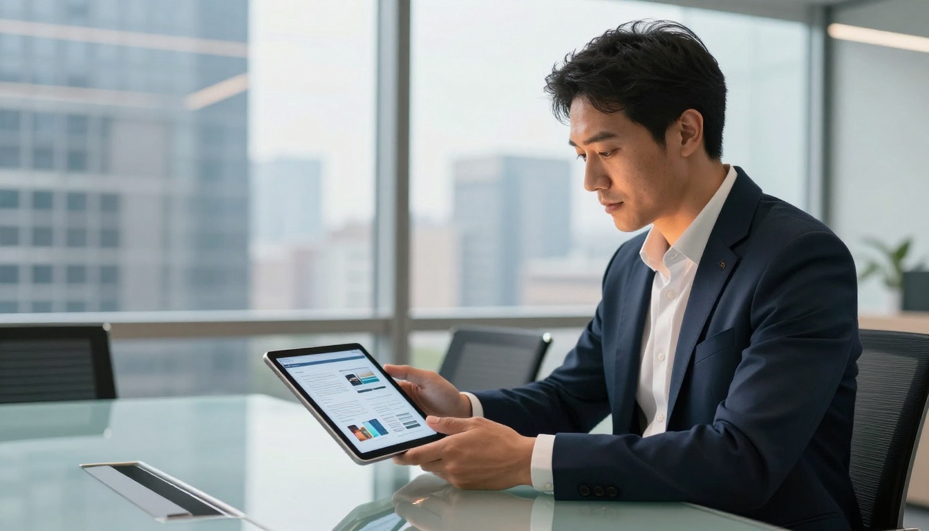 Business professional presenting digital flipbook on iPad