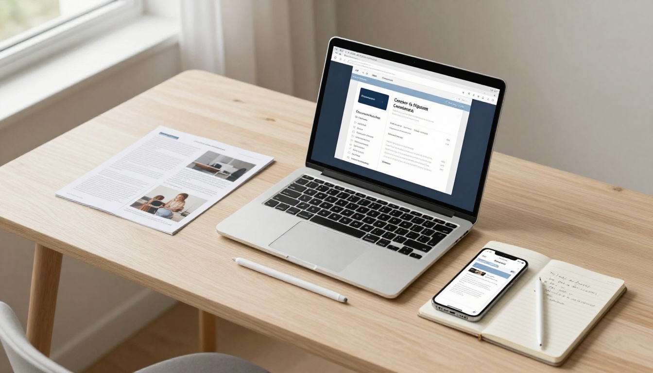 Flat-lay desk workspace with laptop, phone, and flipbook materials