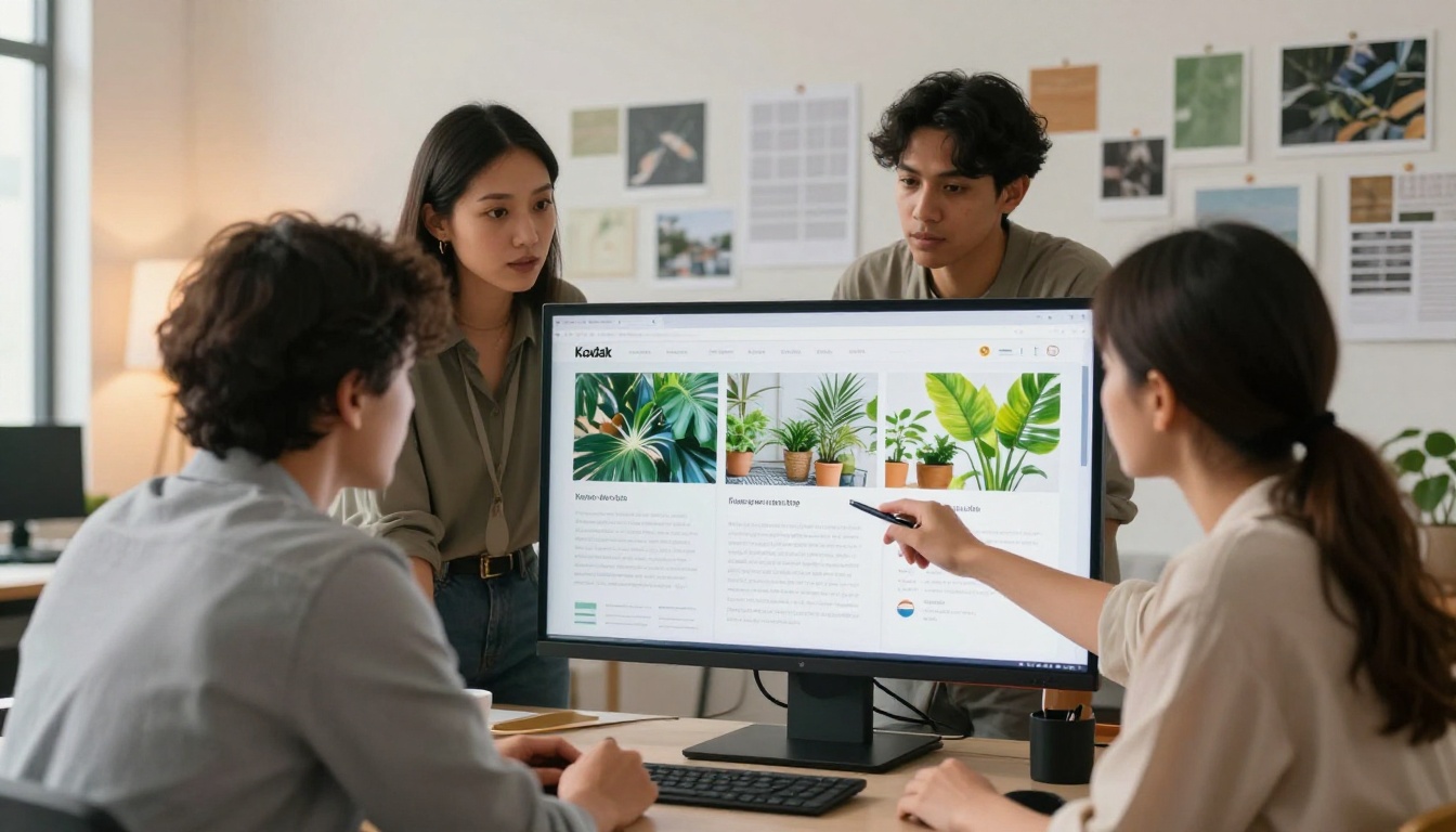 Marketing team collaborating around a digital flipbook on monitor