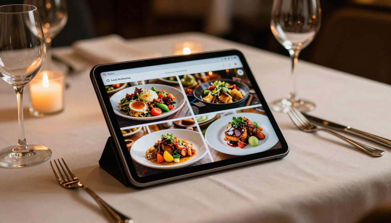 Restaurant dining table with tablet showing elegant digital menu flipbook