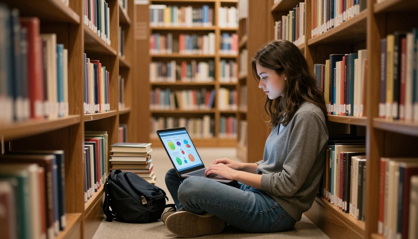 University student reading educational flipbook on laptop in library