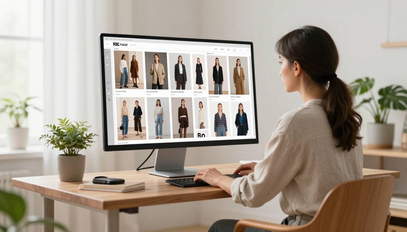 Freelance designer viewing digital portfolio flipbook on large monitor