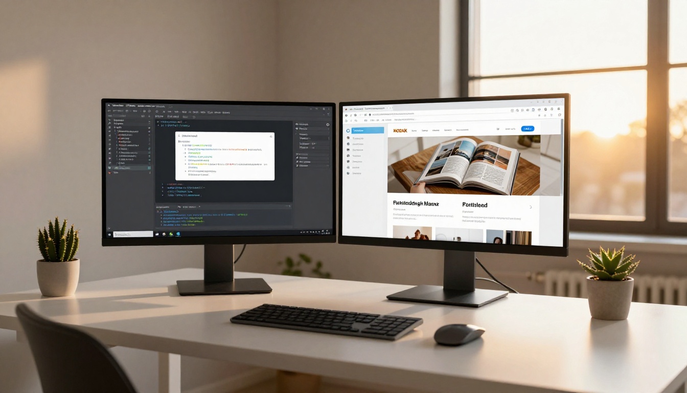 WordPress dual-monitor setup with embed code visible