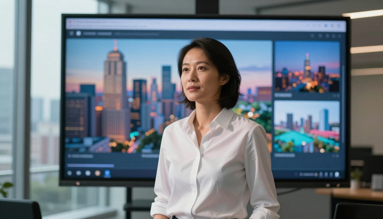 Business professional presenting a digital catalog on a large screen