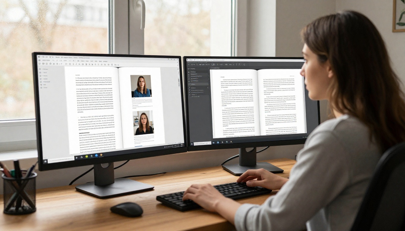 Woman comparing a static PDF viewer with an interactive flipbook on dual monitors