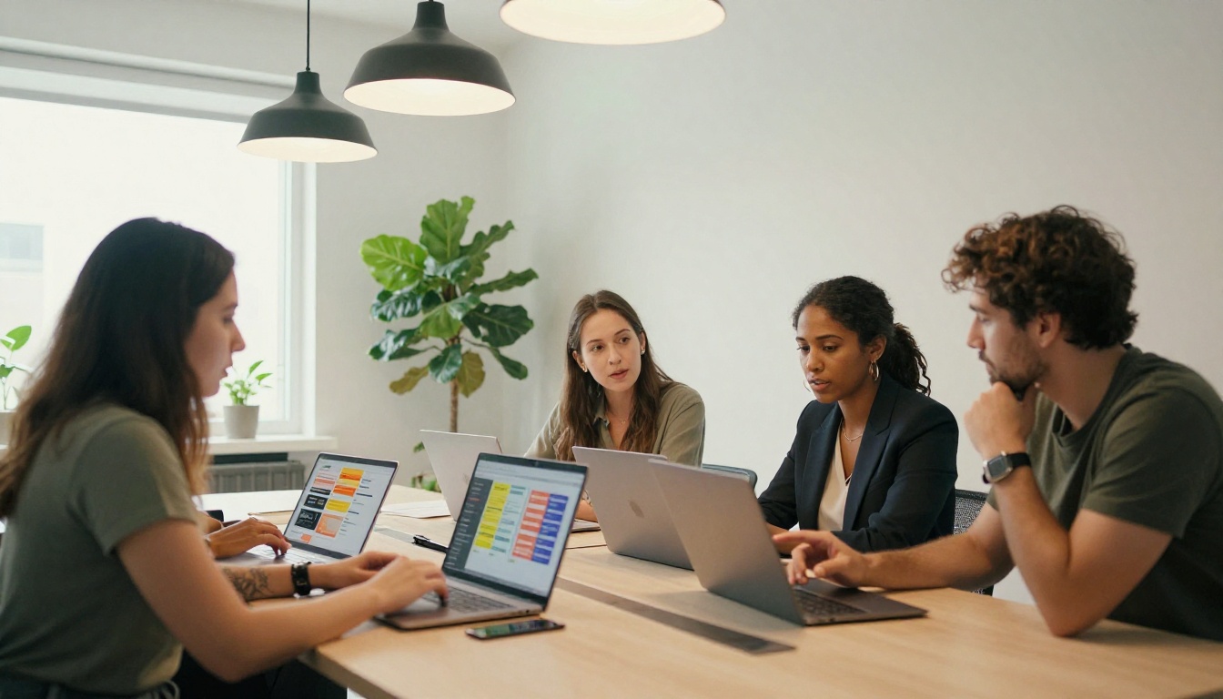 Marketing team collaborating over digital brochures on laptops