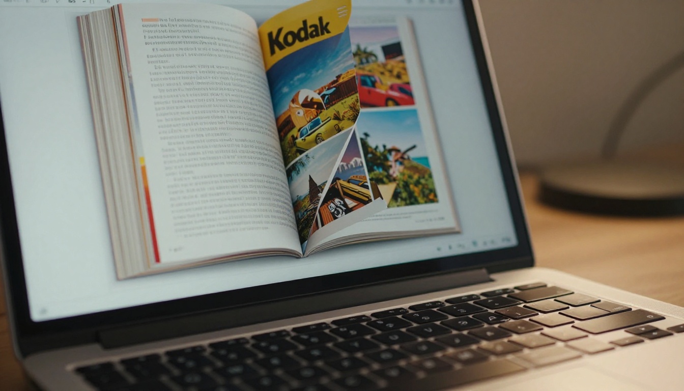 Close-up of a laptop showing an interactive flipbook with a page mid-turn